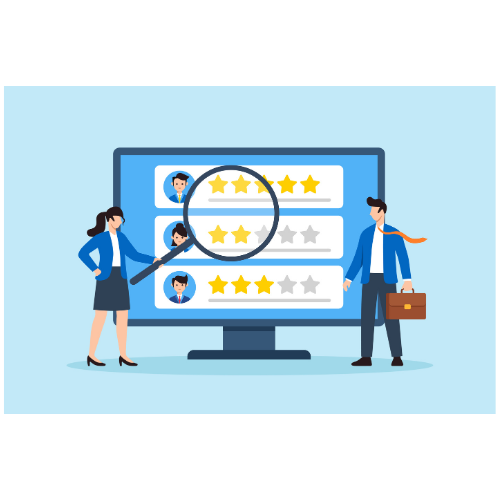Illustration of professionals reviewing star ratings on a screen, representing reputation management services online.